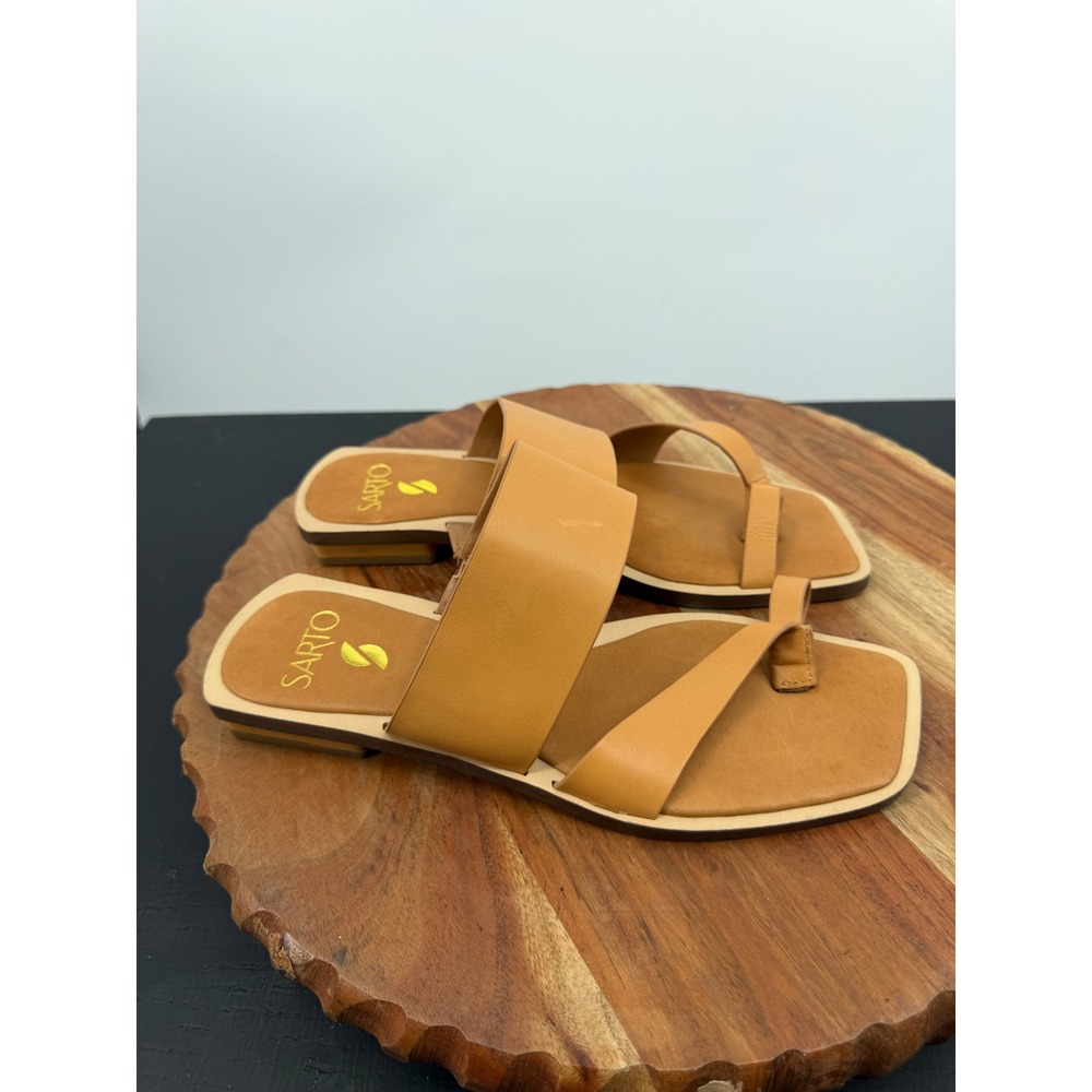 Sarto Ediana Sandals Women 7M Tan Leather Square Toe Loop Flat Slide Shoes